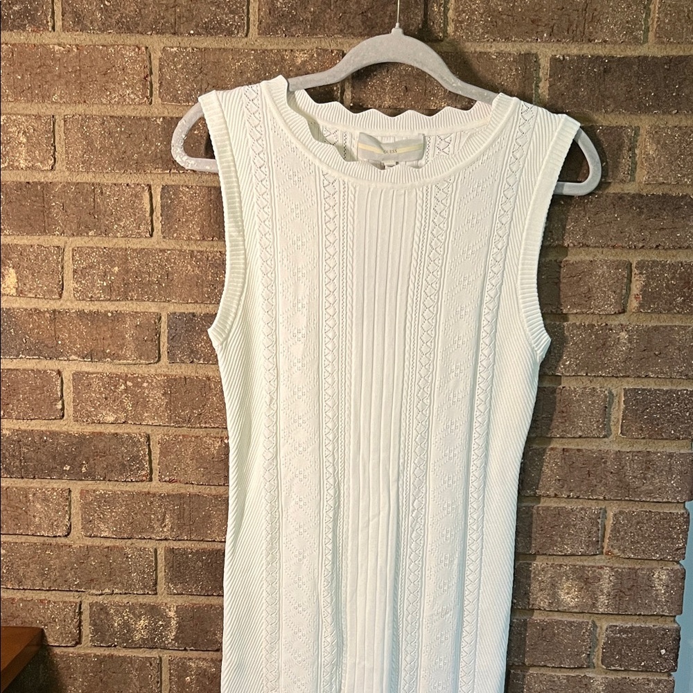 Guess Cream Textured Midi Bodycon Dress scalloped neck
